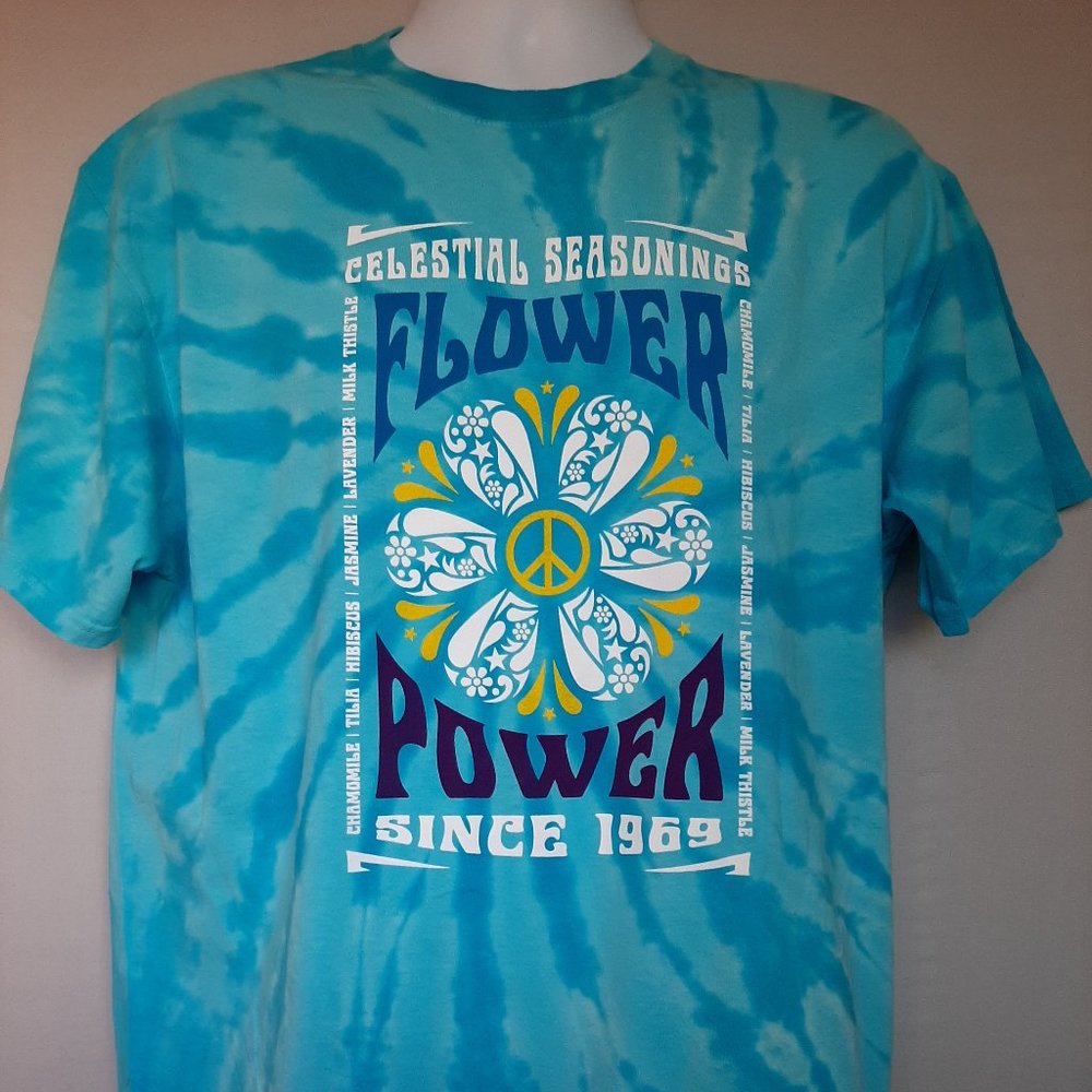 Celestial Seasonings Tea BLUE TIE-DYED "Flower Power" t-Shirt, Unisex, NEW w/Tag